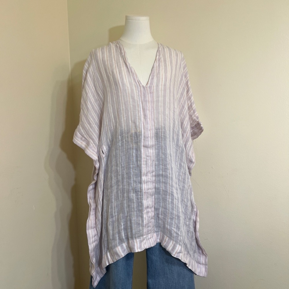 Joie Striped 100% Linen V-Neck Kaftan Tunic Top Purple Peach Womens Medium